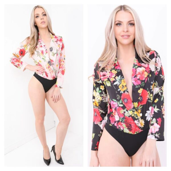 Floral Print Wrap Front Satin Bodysuit
